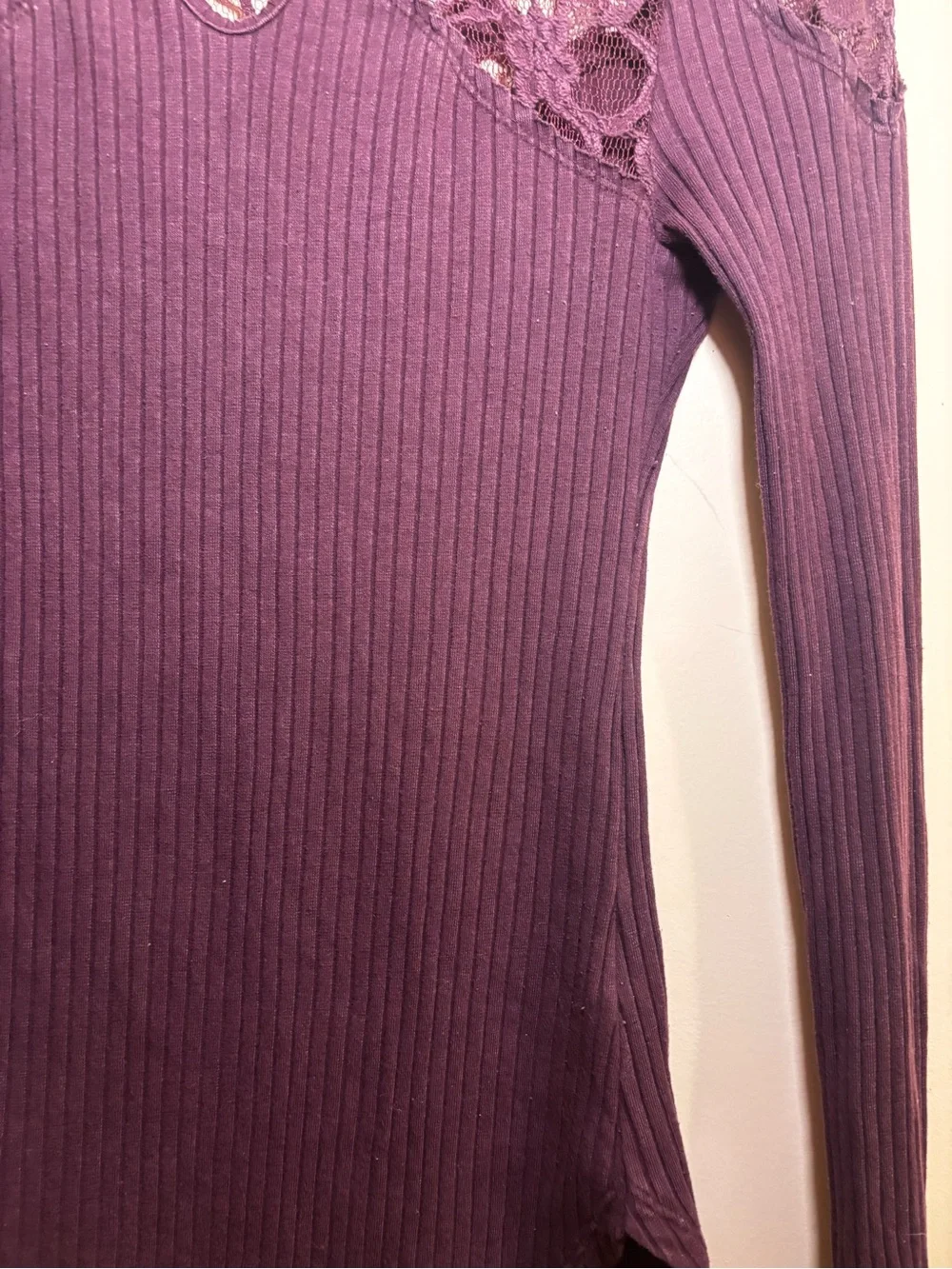 Free People Plum Lace-Collar Yoke Ribbed Long Sleeve Top